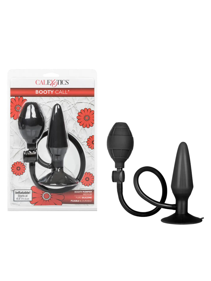 Booty Call Booty Pumper Medium in black shown with retail packaging, inflatable plug and squeeze bulb.