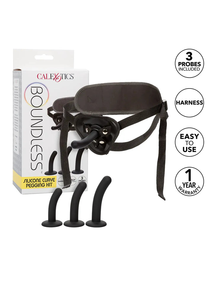 Boundless Silicone Curve Pegging Kit feature guide showing harness, curved attachments and adjustable design.