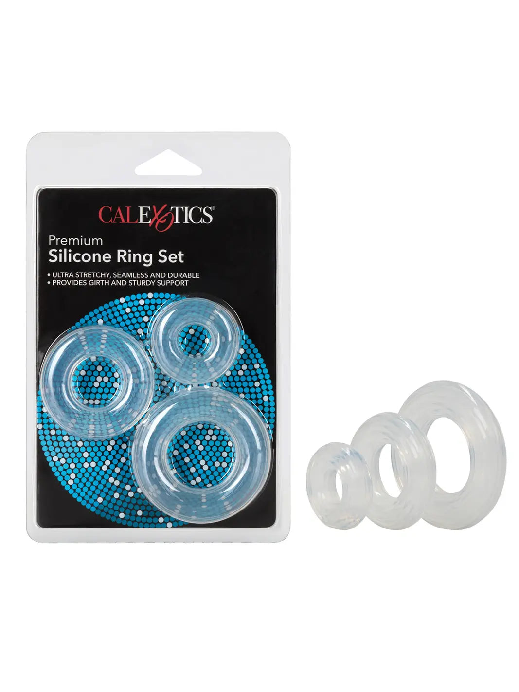 CalExotics Premium Silicone Ring Set shown with product packaging and three clear silicone rings.