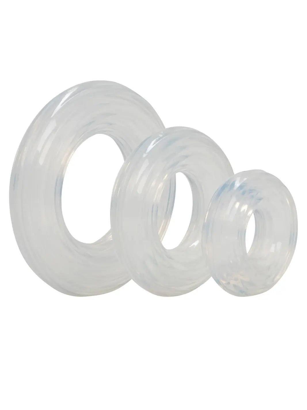 CalExotics Premium Silicone Ring Set featuring three clear silicone rings in different sizes.