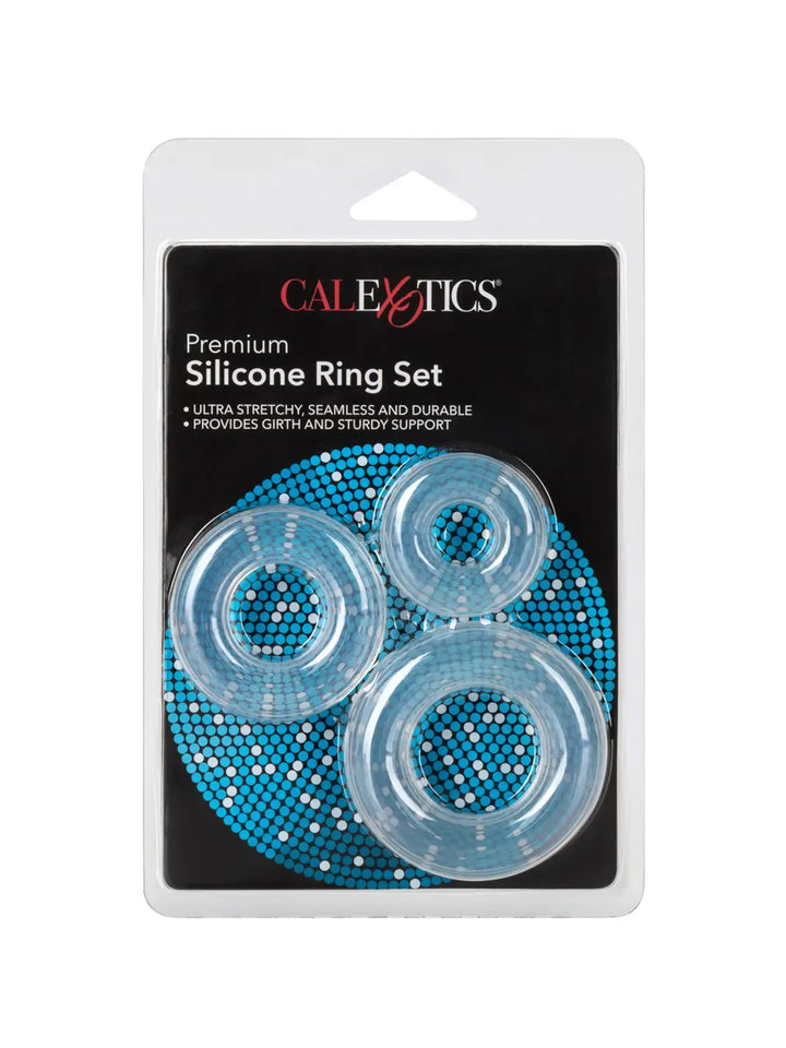 CalExotics Premium Silicone Ring Set in retail packaging with three clear silicone rings.