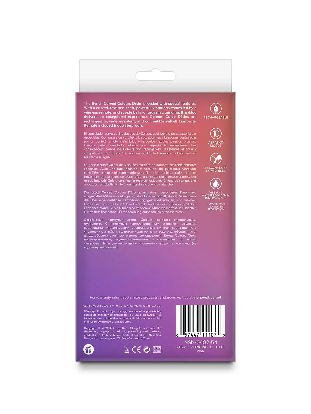 Back packaging of Colours Curve Vibrating Dildo Pink with product details and barcode