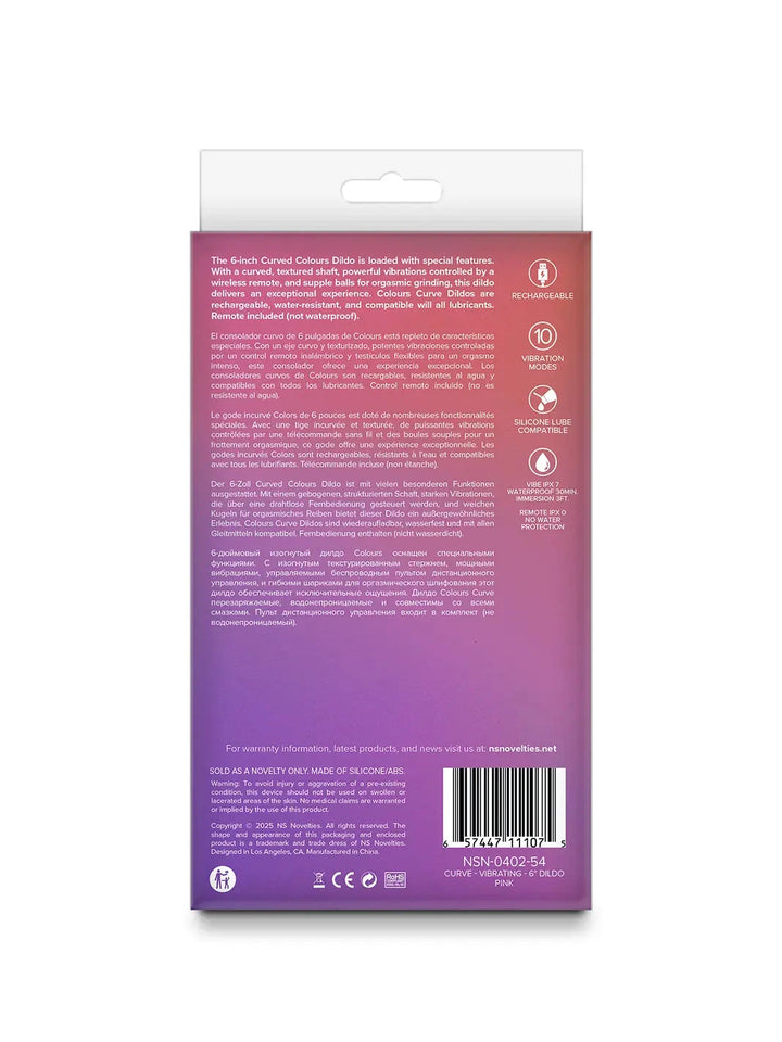Back packaging of Colours Curve Vibrating Dildo Pink with product details and barcode