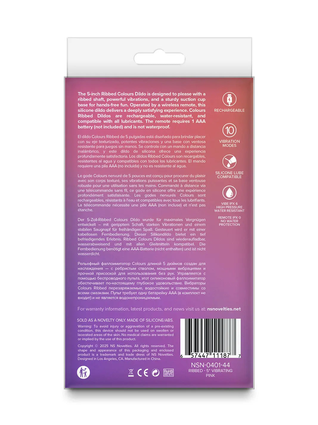 Colours Ribbed 5 inch Vibrating Pink retail packaging back view with product details.