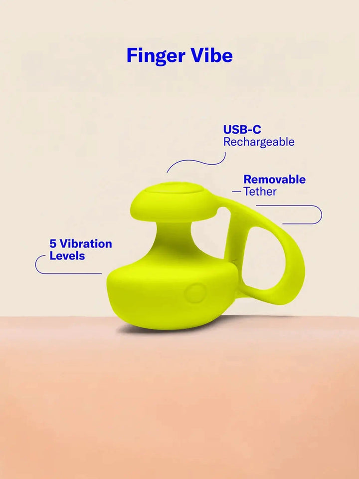 Dame Fin 2.0 Citrus product feature graphic showing USB-C charging, removable tether and 5 vibration levels.