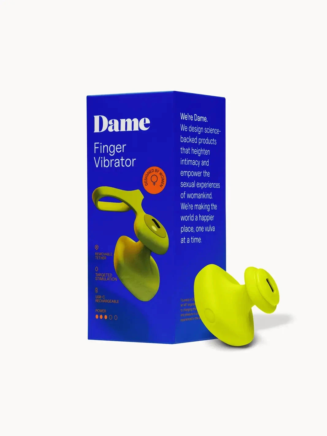 Dame Fin 2.0 Citrus Finger Vibrator shown with retail packaging and product details.
