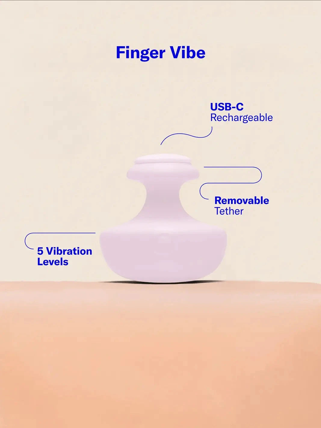 Dame Fin 2.0 Quartz product feature graphic showing USB-C charging, removable tether and 5 vibration levels.