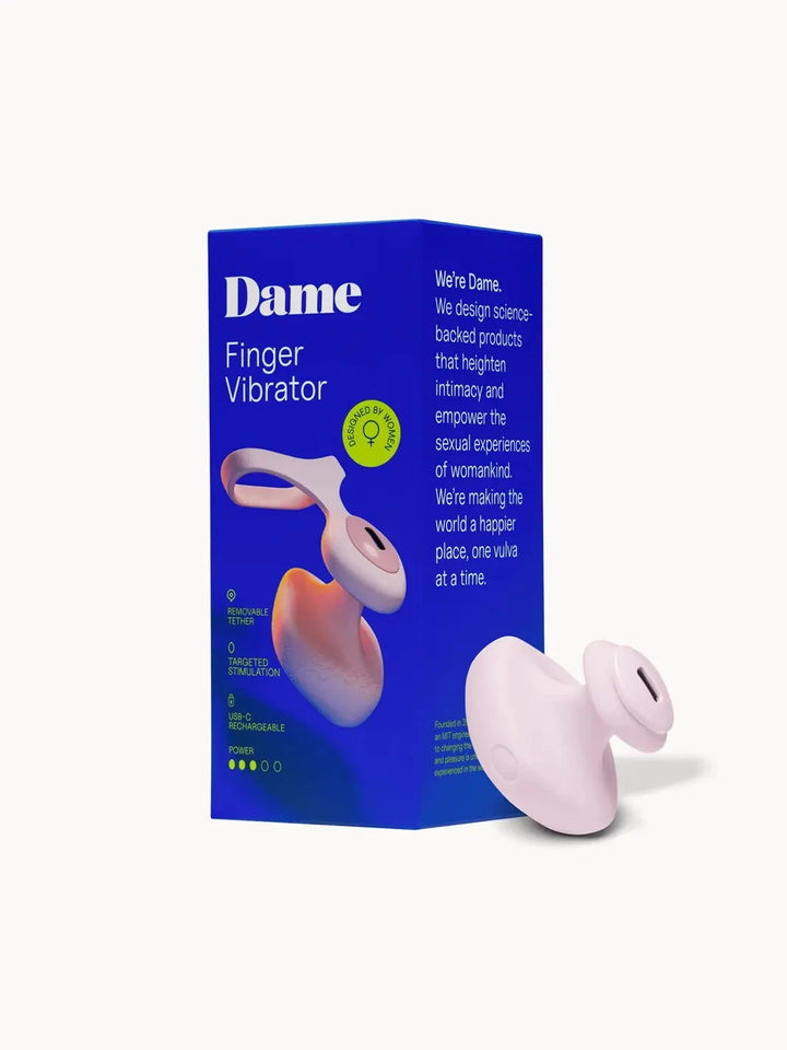 Dame Fin 2.0 Quartz Finger Vibrator shown with retail packaging and product details.