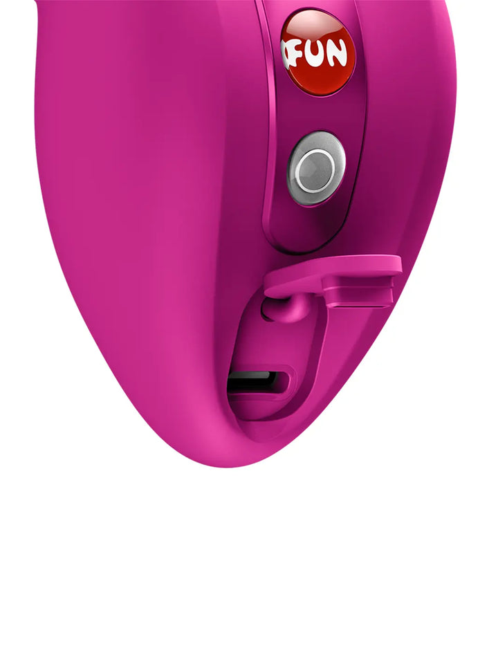 Close-up of FUN FACTORY Allure in pink showing the control buttons and charging port detail.