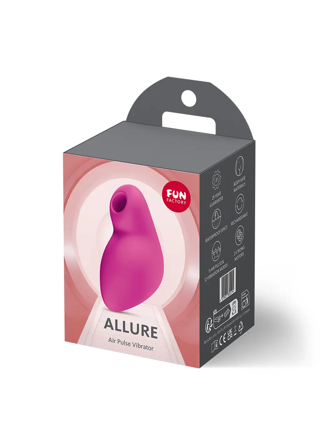 FUN FACTORY Allure in pink shown with retail packaging and premium silicone finish.