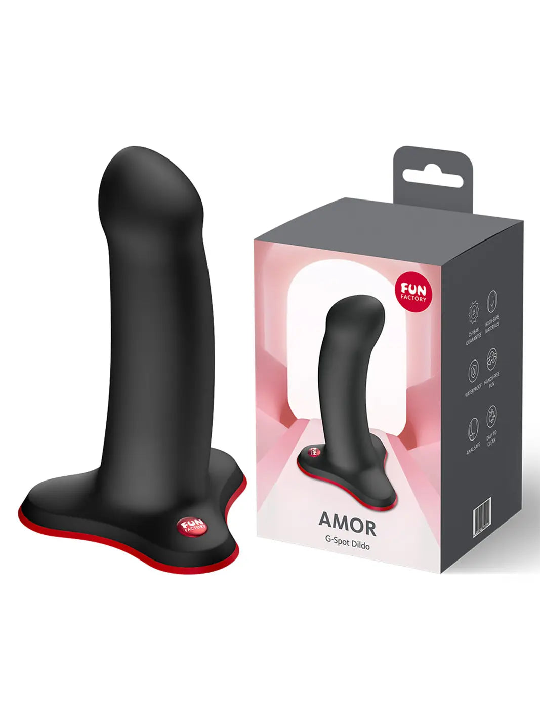 FUN FACTORY Amor in black shown with retail packaging and sleek silicone finish.