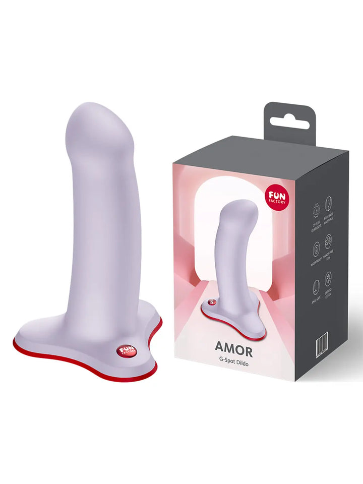 FUN FACTORY Amor in lilac shown with retail packaging and premium silicone finish.