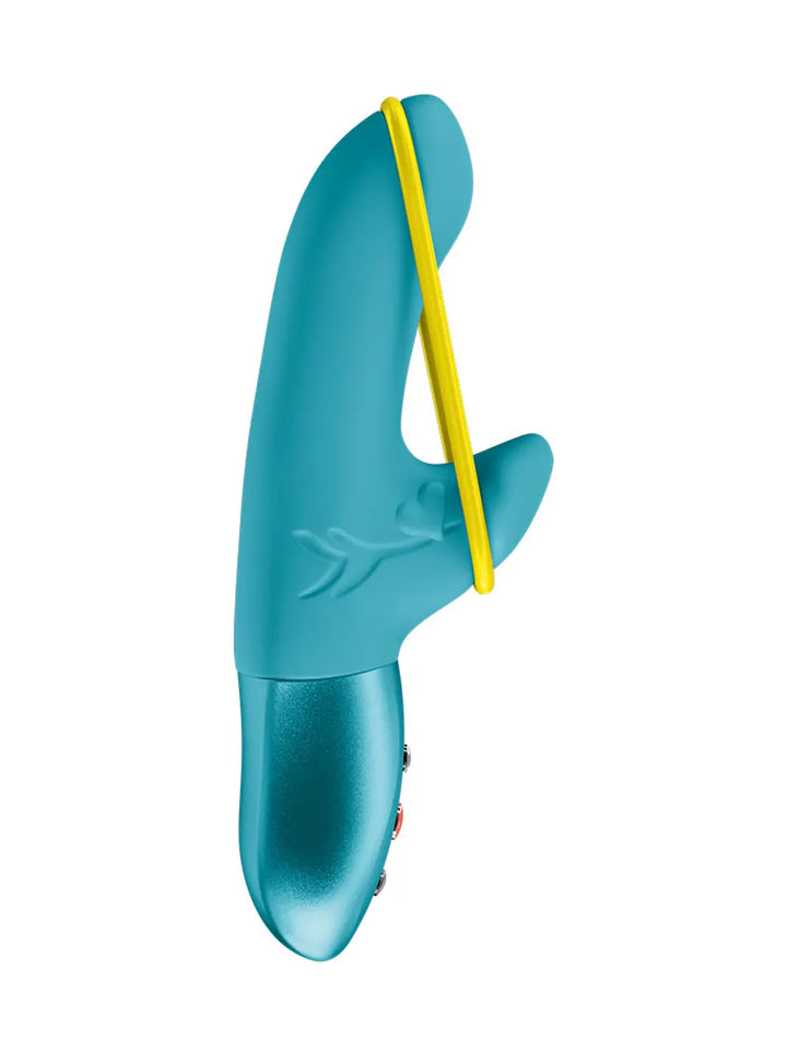 FUN FACTORY Amorino in aquamarine side angle highlighting the curved shape, looped design and sleek silicone finish.