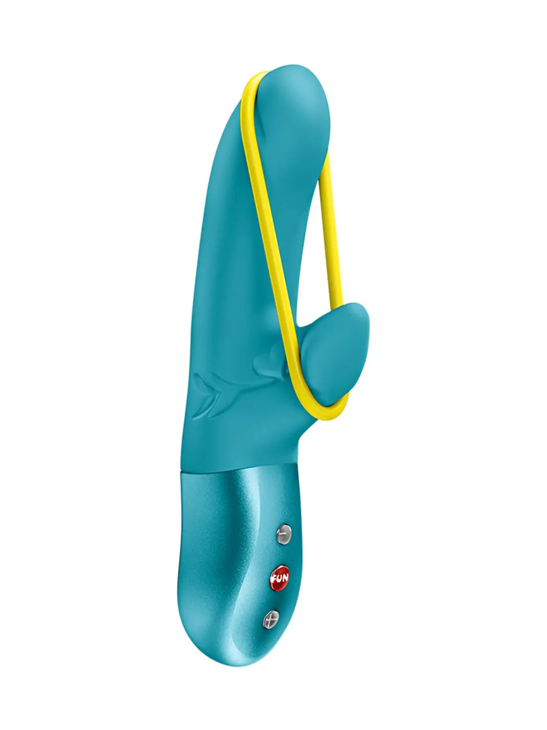 FUN FACTORY Amorino in aquamarine front view showing the smooth silicone body, flexible loop and ergonomic handle.