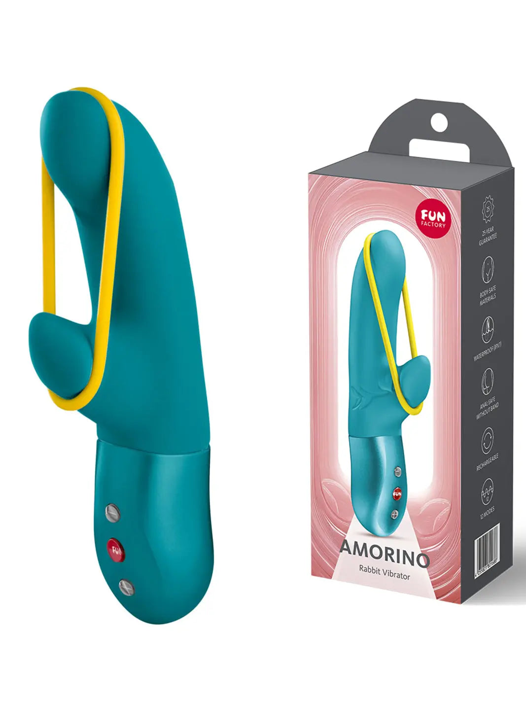FUN FACTORY Amorino in aquamarine shown with retail packaging and premium silicone design.