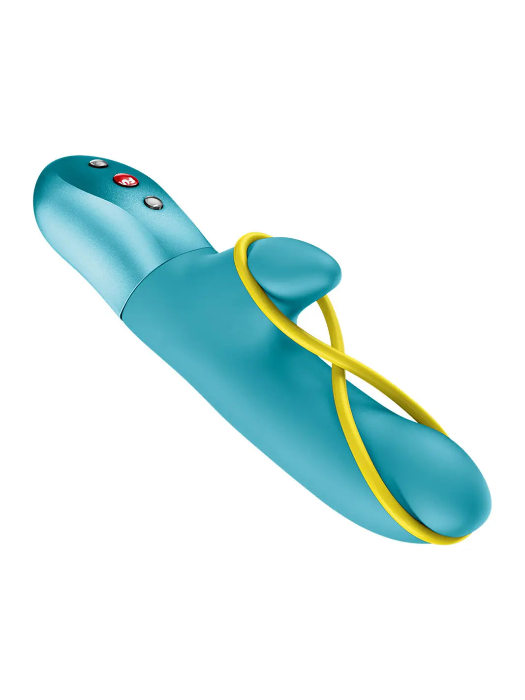 FUN FACTORY Amorino in aquamarine side angle highlighting the curved shape, looped design and sleek silicone finish.