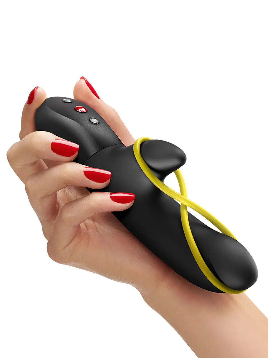 FUN FACTORY Amorino in black shown in hand with flexible loop, smooth silicone body and compact shape.