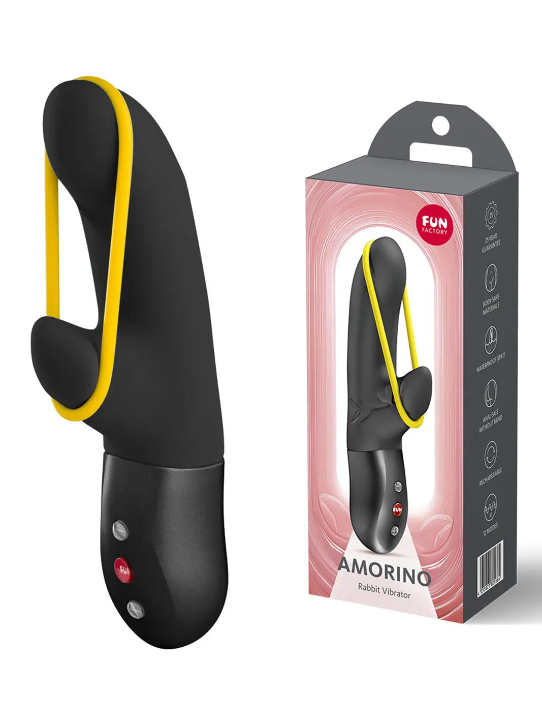 FUN FACTORY Amorino in black shown with retail packaging and premium silicone design.