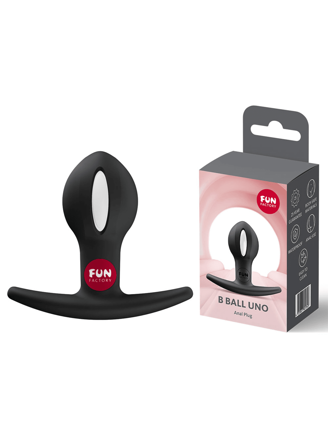 FUN FACTORY B Ball Uno in black shown with retail packaging and premium silicone finish.