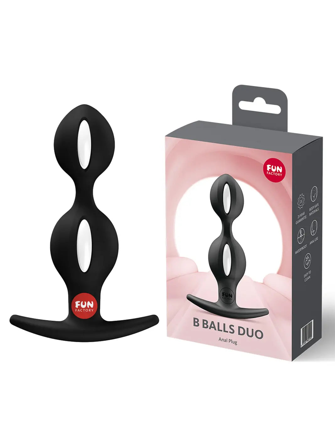 FUN FACTORY B BALLS DUO black weighted anal beads displayed beside the product packaging