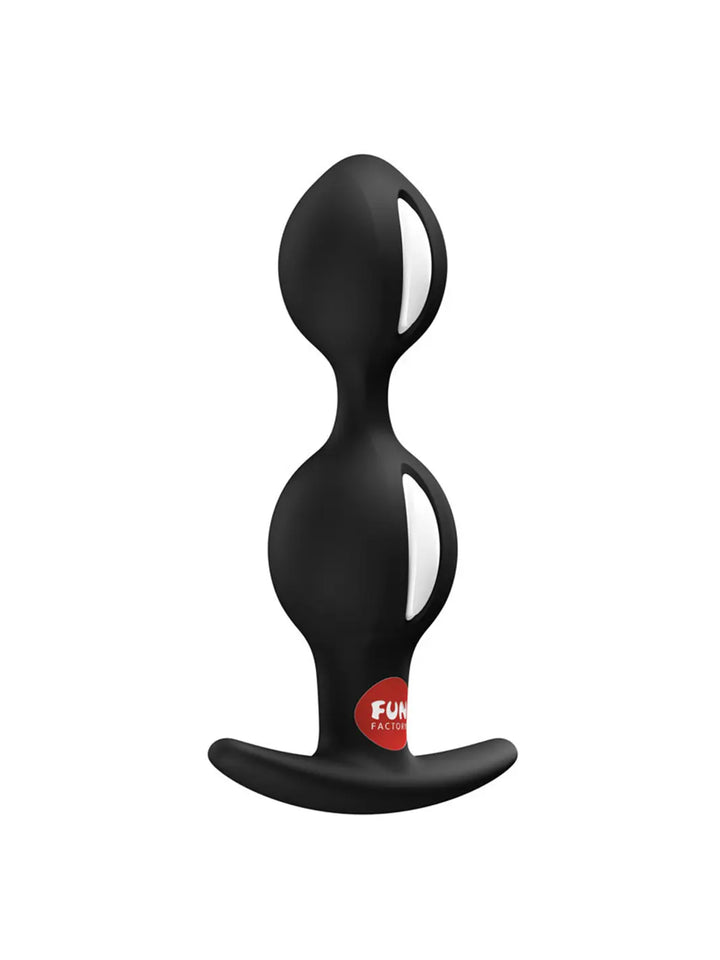 Angled rear view of the FUN FACTORY B BALLS DUO black weighted anal beads