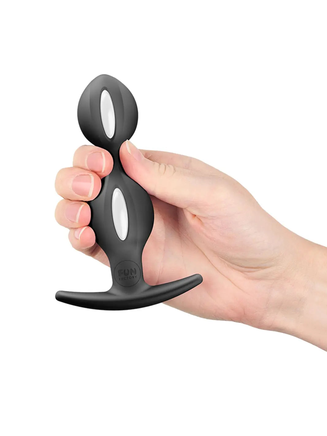 FUN FACTORY B BALLS DUO black weighted anal beads shown held in one hand