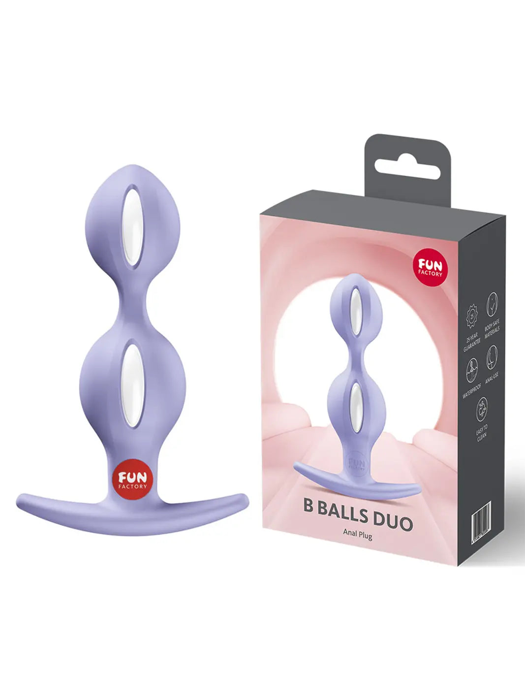 FUN FACTORY B BALLS DUO purple weighted anal beads displayed beside the product packaging