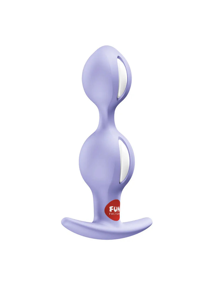 Angled rear view of the FUN FACTORY B BALLS DUO purple weighted anal beads