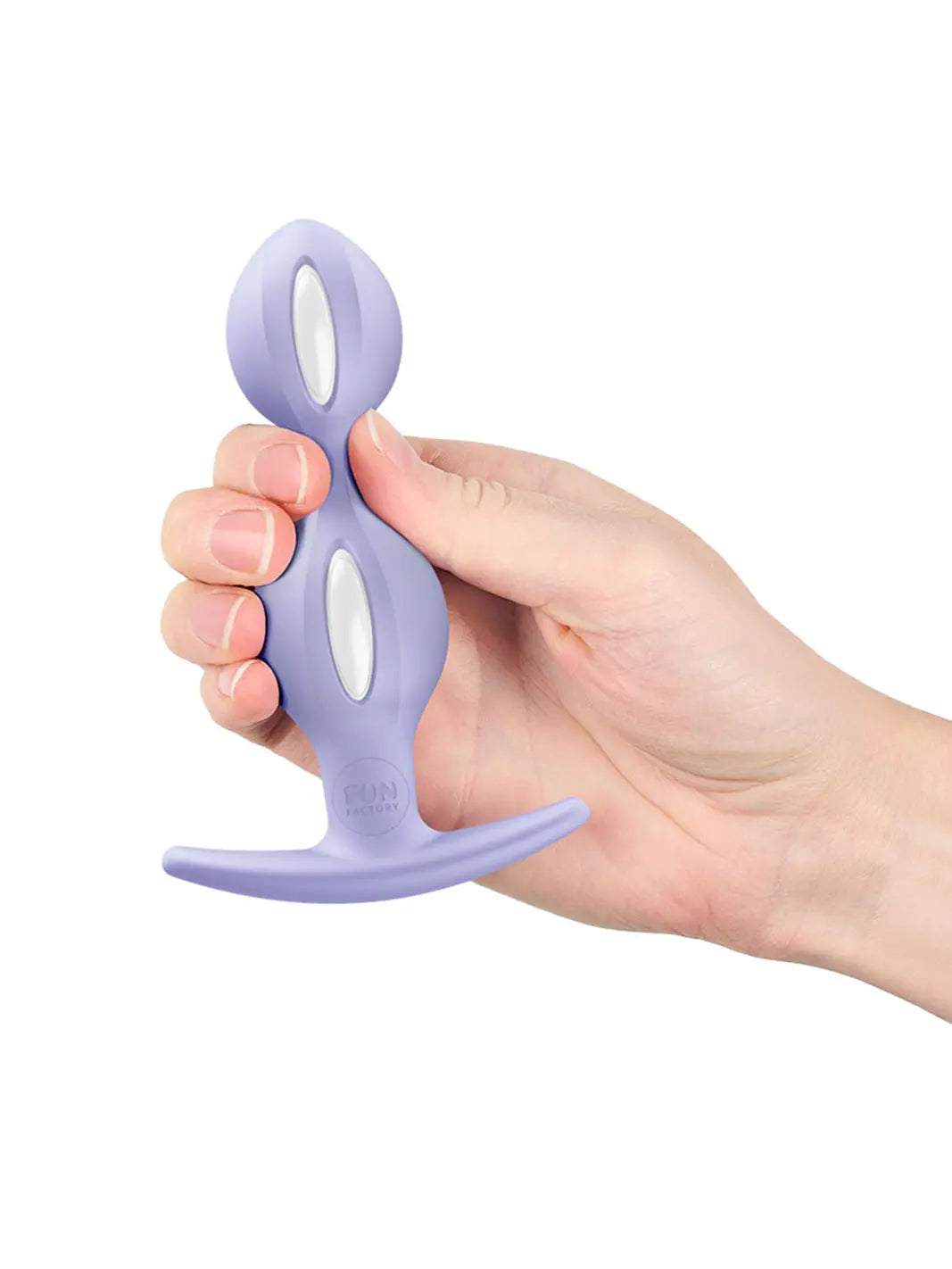 FUN FACTORY B BALLS DUO purple weighted anal beads shown held in one hand