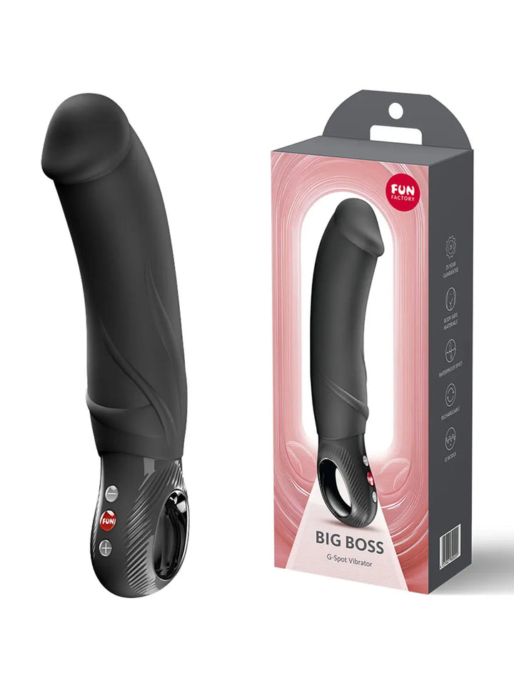 Fun Factory BIG BOSS Black vibrator displayed beside retail packaging