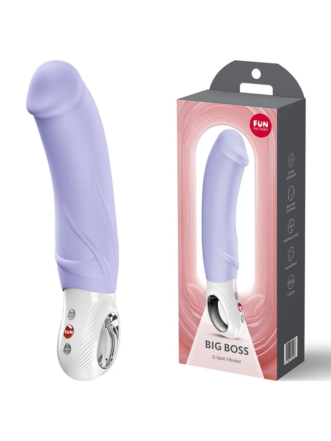 Fun Factory BIG BOSS Purple vibrator displayed beside retail packaging