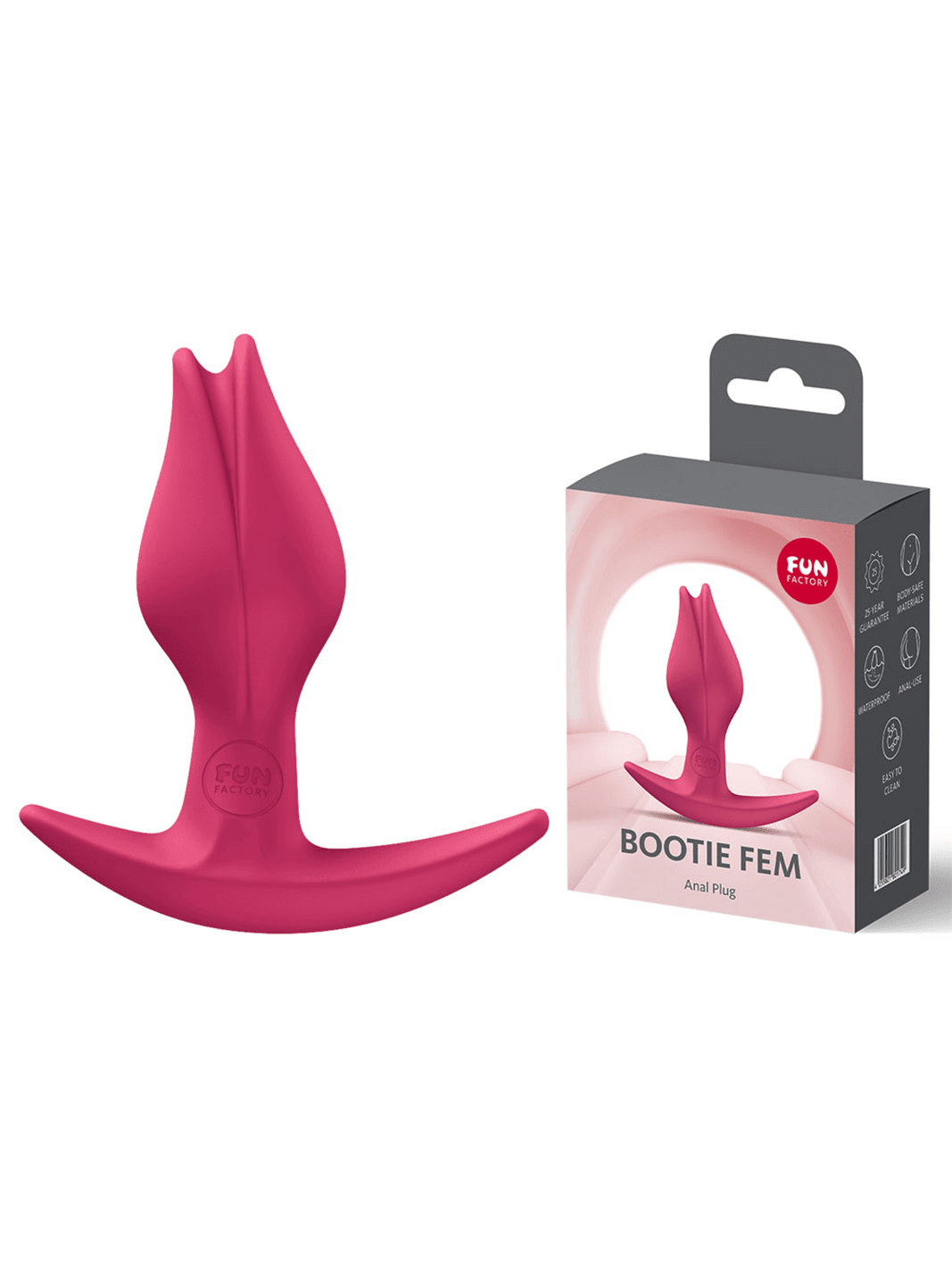 FUN FACTORY Bootie Fem in raspberry shown with retail packaging and curved silicone design.