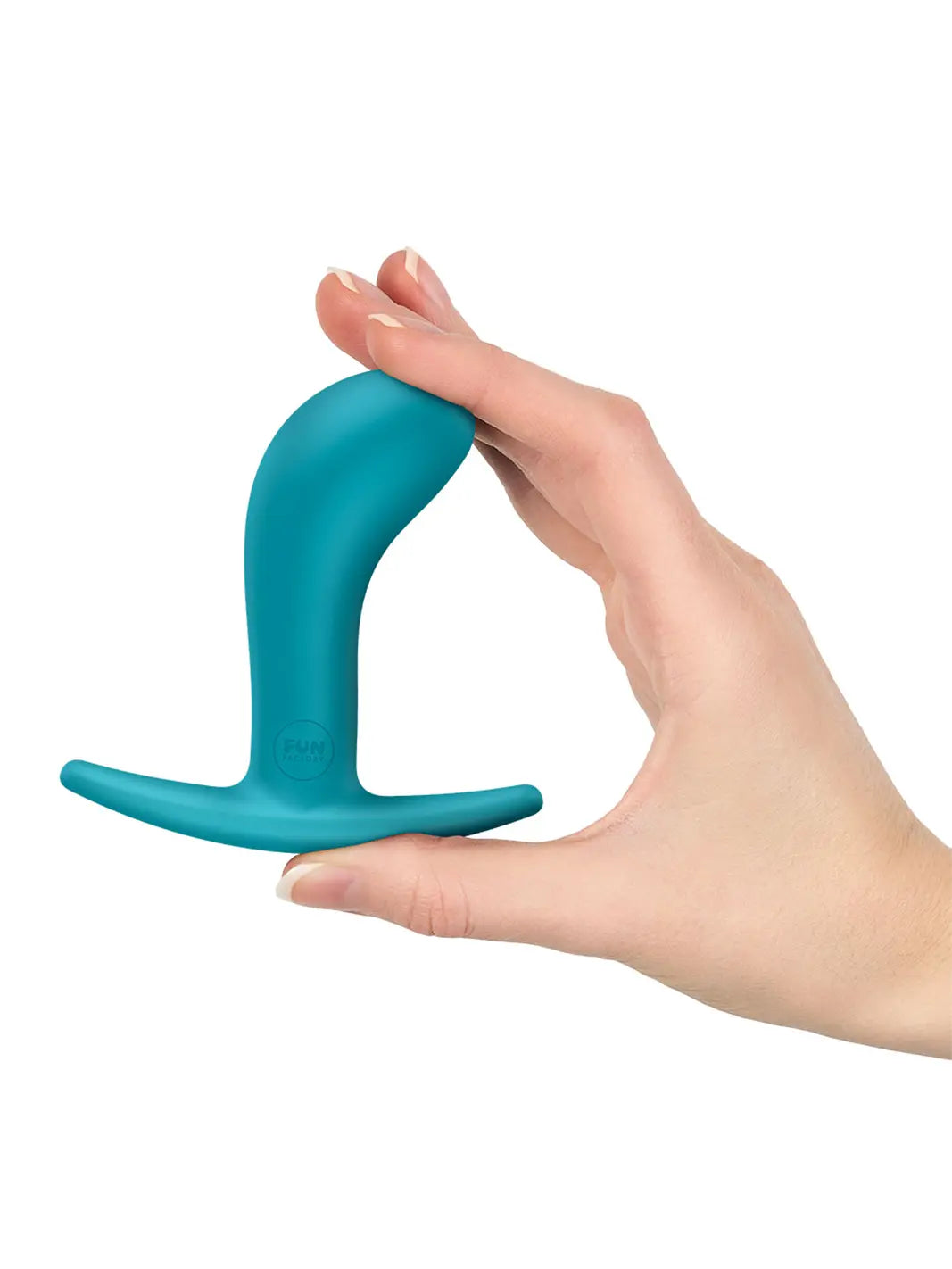 FUN FACTORY Bootie M in aquamarine shown in hand with compact ergonomic shape and curved base.