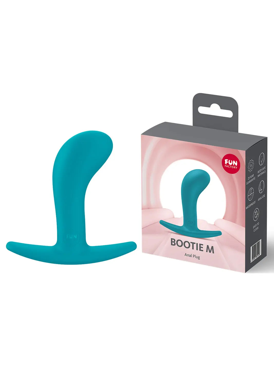 FUN FACTORY Bootie M in aquamarine shown with retail packaging and premium silicone finish.