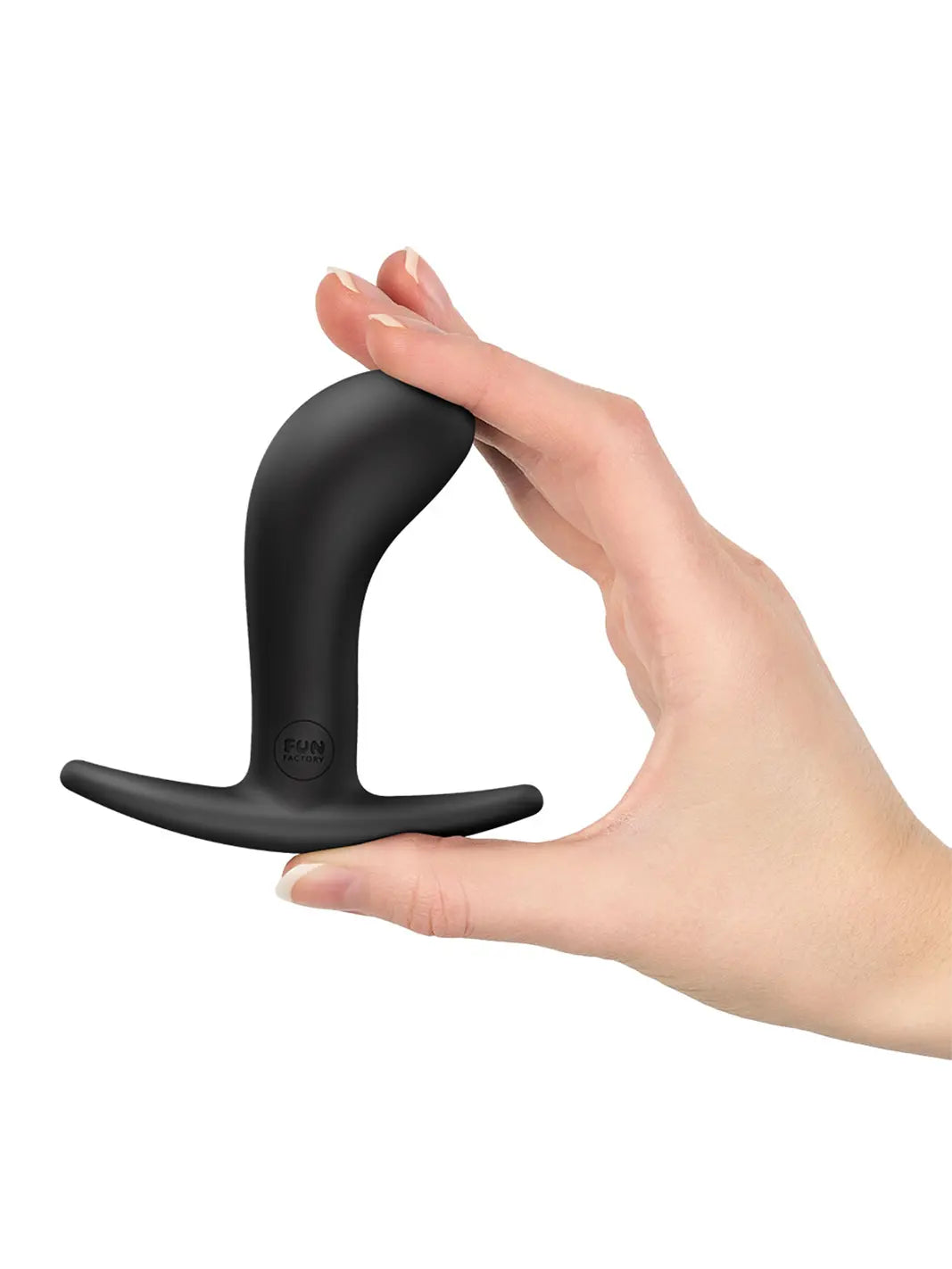 FUN FACTORY Bootie M in black shown in hand with compact ergonomic shape and curved base.