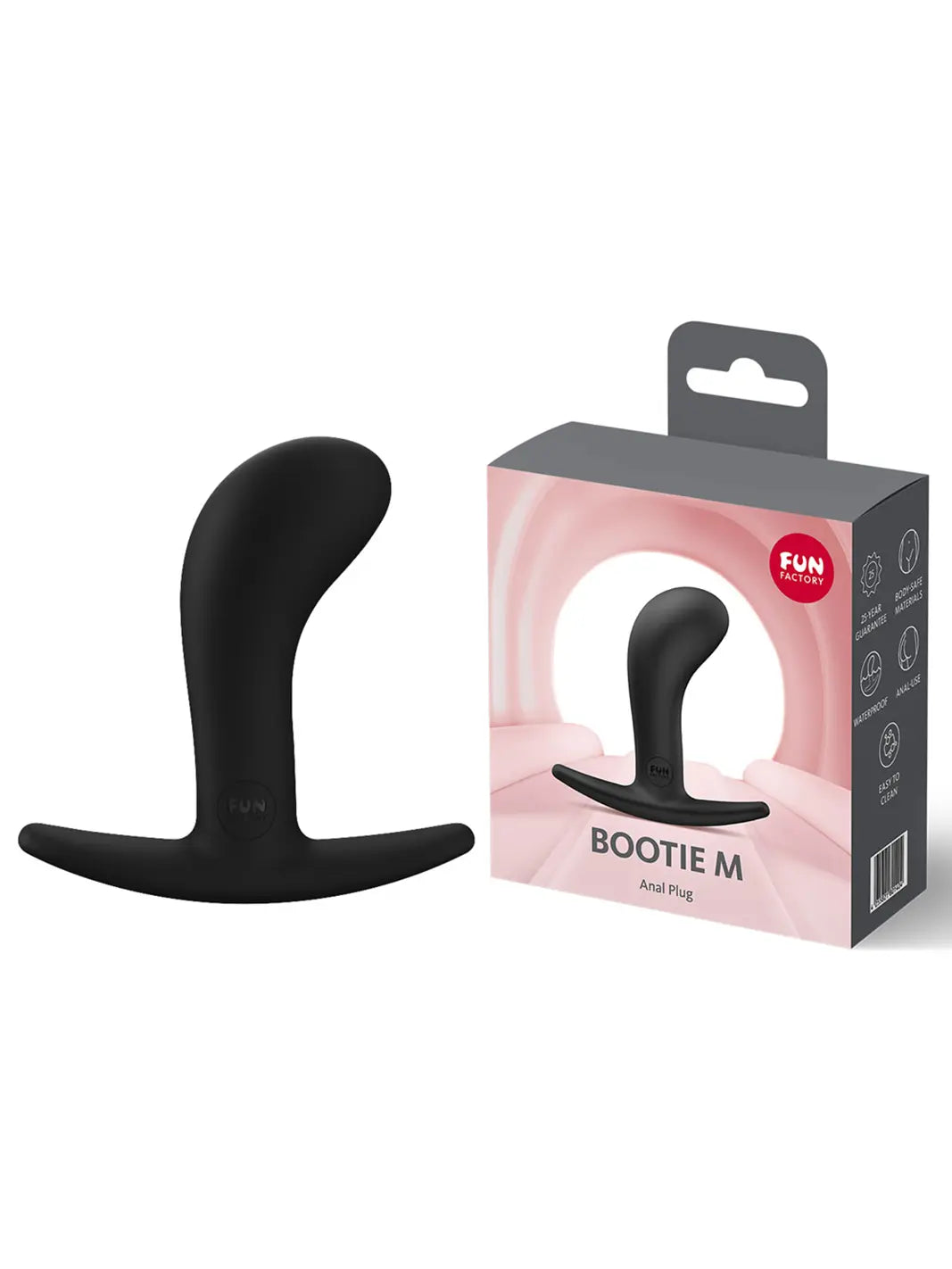 FUN FACTORY Bootie M in black shown with retail packaging and premium silicone finish.