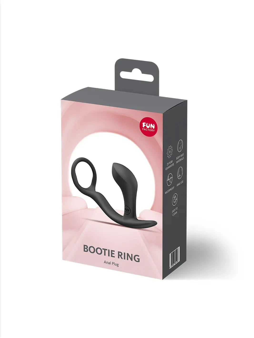 FUN FACTORY Bootie Ring in black shown with retail packaging and premium silicone finish.