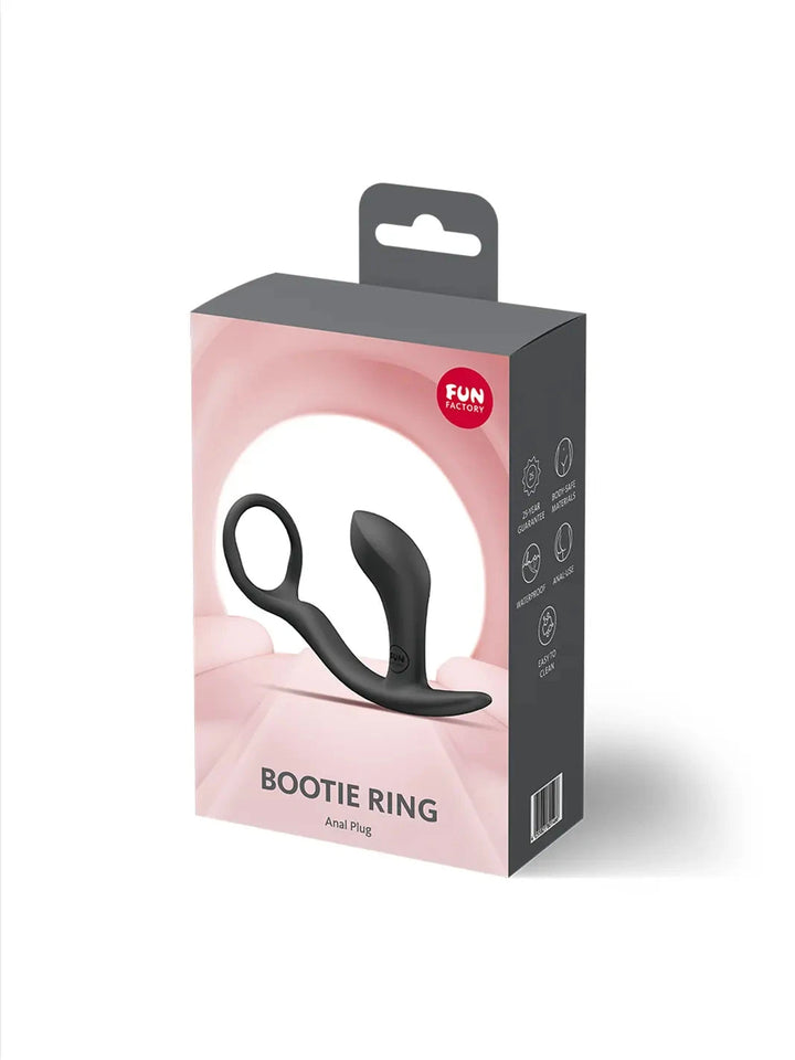 FUN FACTORY Bootie Ring in black shown with retail packaging and premium silicone finish.