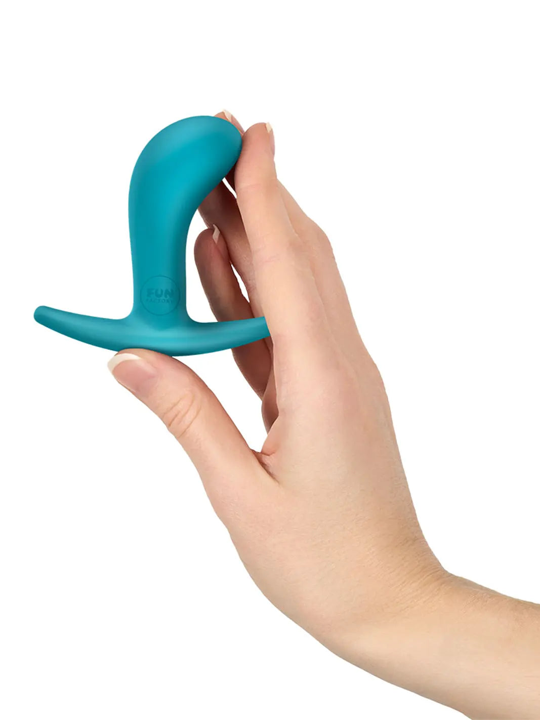FUN FACTORY Bootie S in aquamarine shown in hand with compact silicone design and curved base.