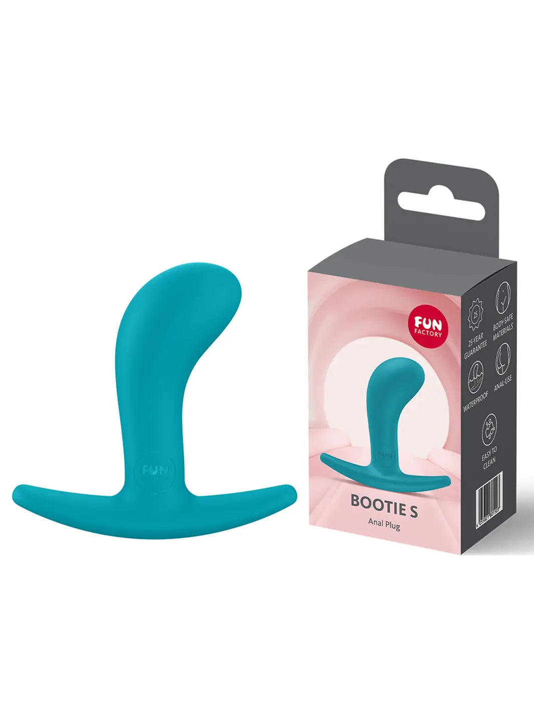 FUN FACTORY Bootie S in aquamarine shown with retail packaging and premium silicone finish.