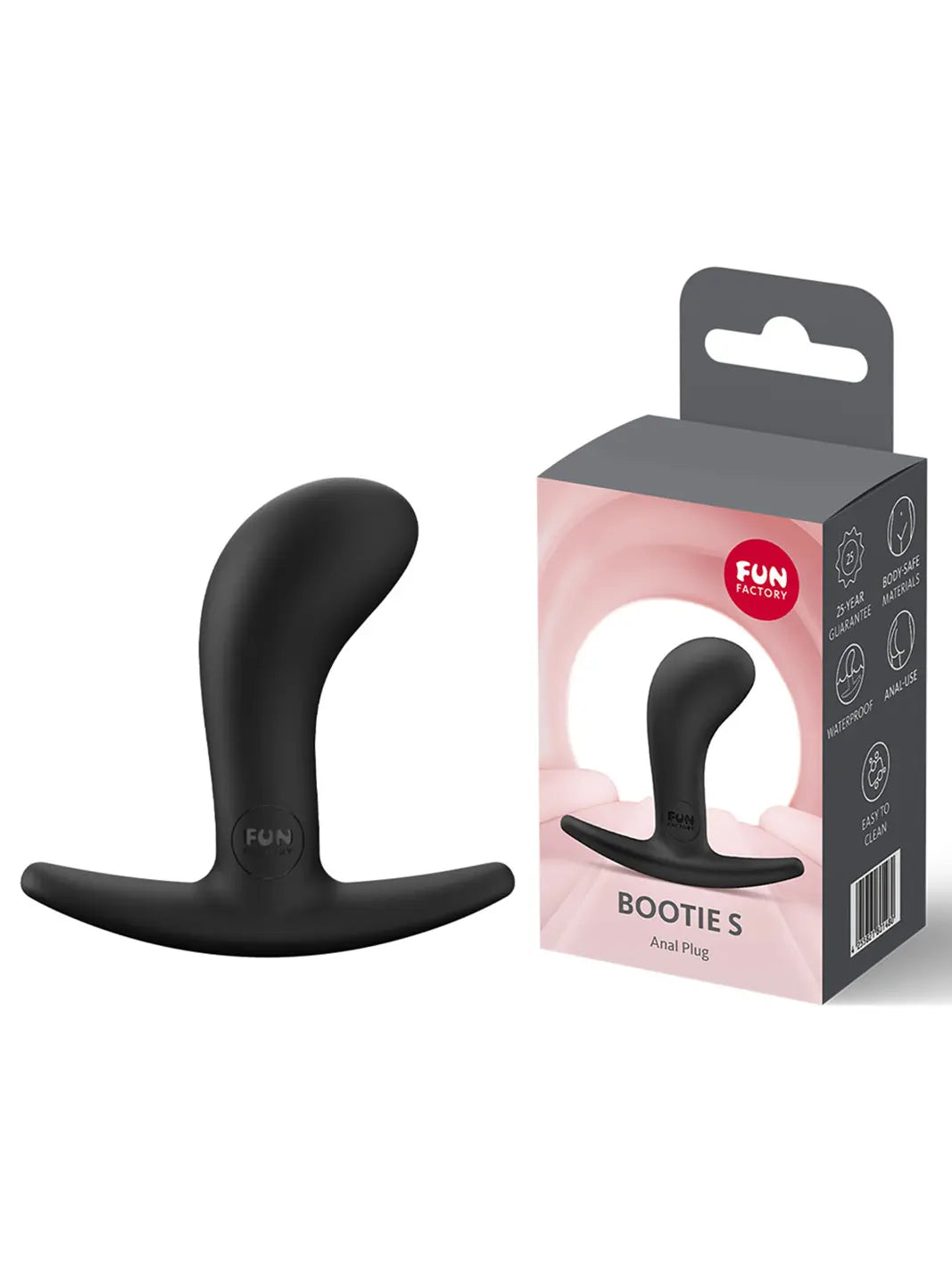FUN FACTORY Bootie S in black shown with retail packaging and premium silicone finish.