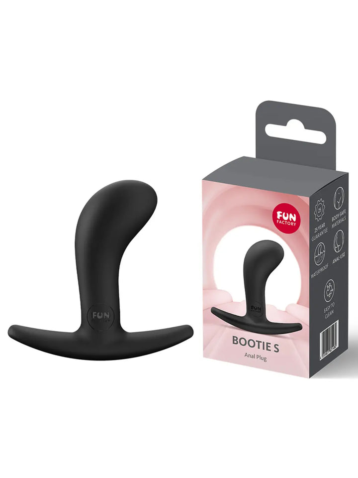 FUN FACTORY Bootie S in black shown with retail packaging and premium silicone finish.