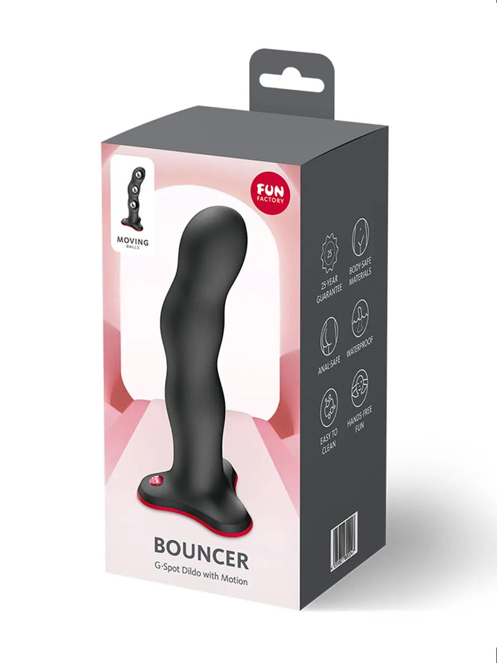 Front packaging of the FUN FACTORY Bouncer vibro ball silicone dildo in black