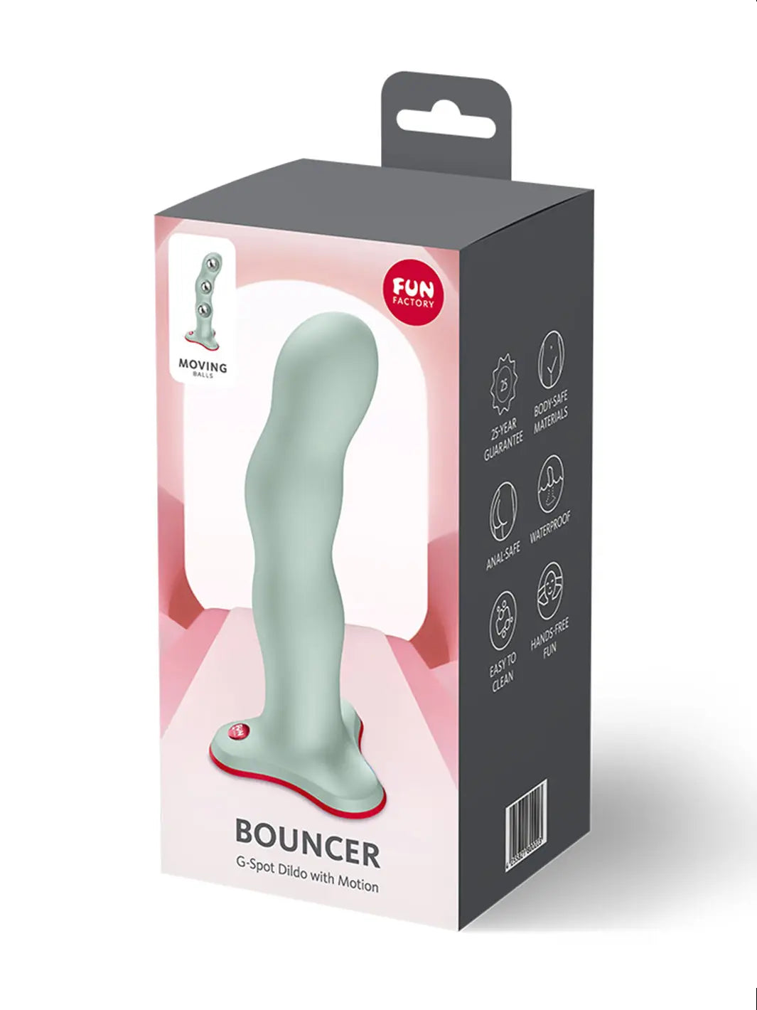 Front packaging of the FUN FACTORY Bouncer vibro ball silicone dildo in green