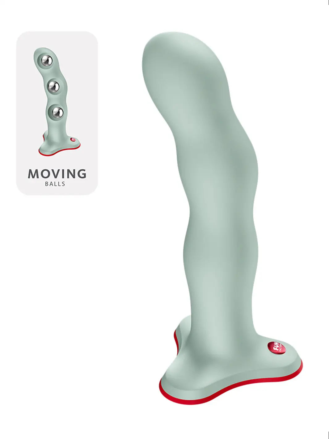 Side profile of the FUN FACTORY Bouncer vibro ball silicone dildo in green with internal balls