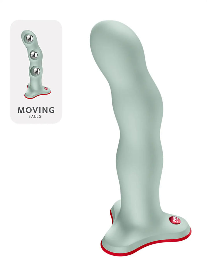 Side profile of the FUN FACTORY Bouncer vibro ball silicone dildo in green with internal balls