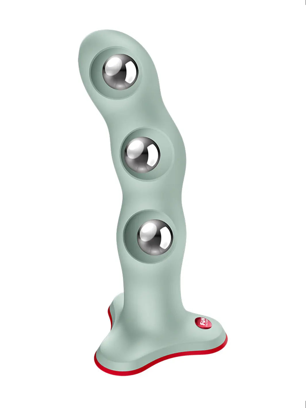 Close-up detail of the textured shape of the FUN FACTORY Bouncer vibro ball silicone dildo in green