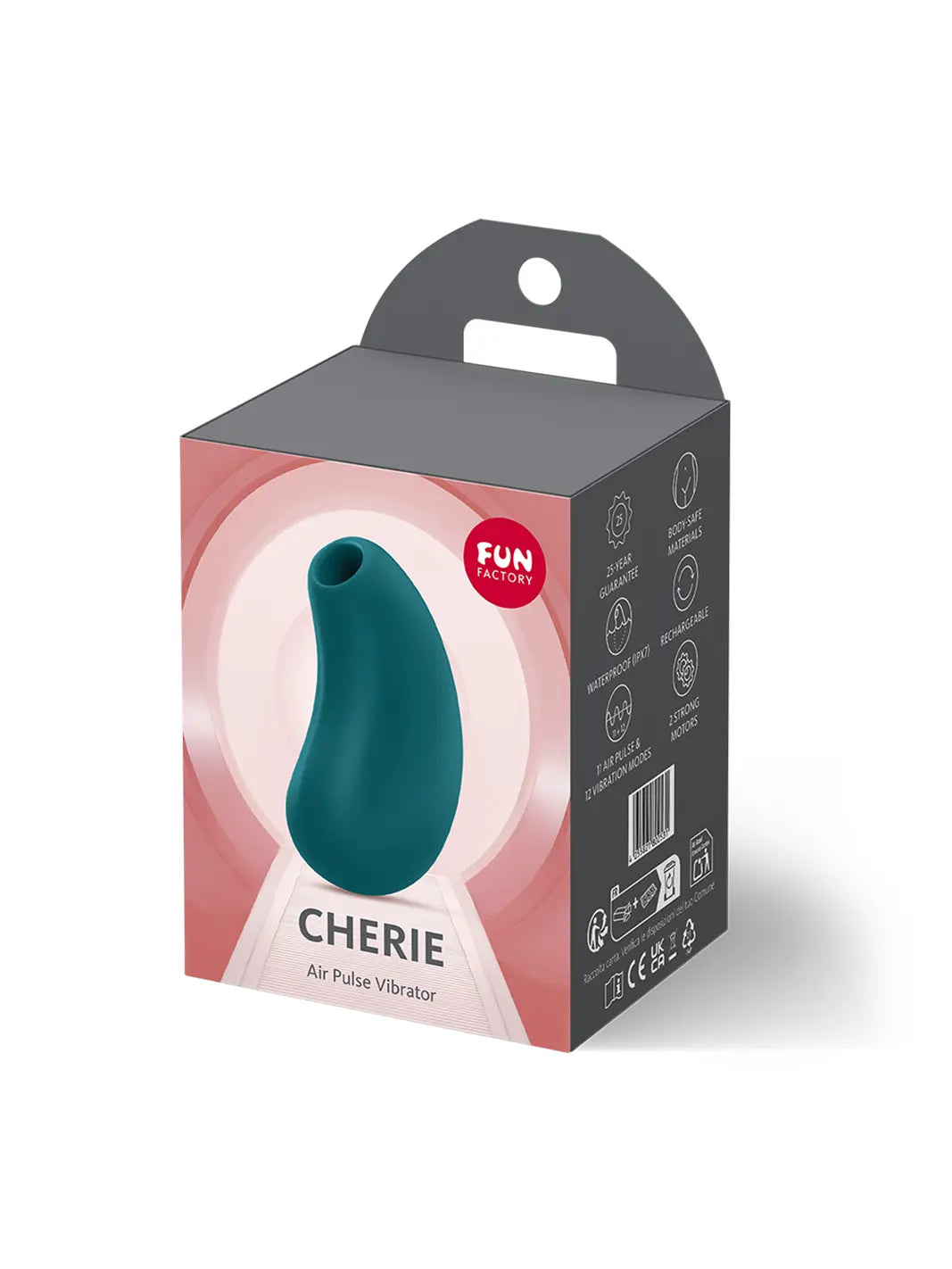 FUN FACTORY Cherie in teal shown with retail packaging and premium silicone finish.