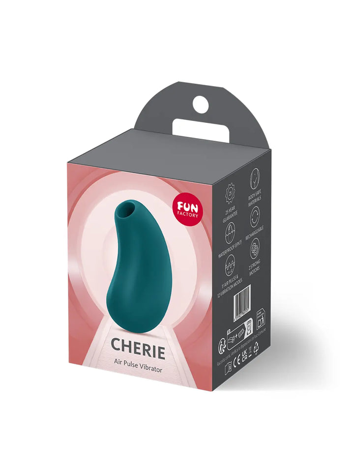 FUN FACTORY Cherie in teal shown with retail packaging and premium silicone finish.
