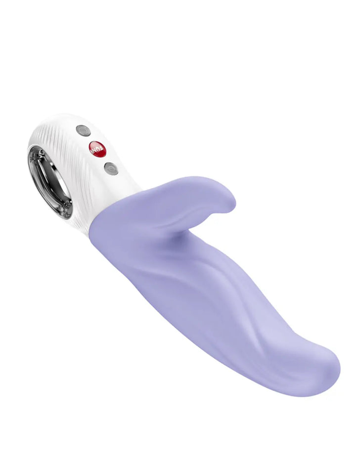 FUN FACTORY Lady Bi in purple angled view showing the curved silicone design and silver control handle.